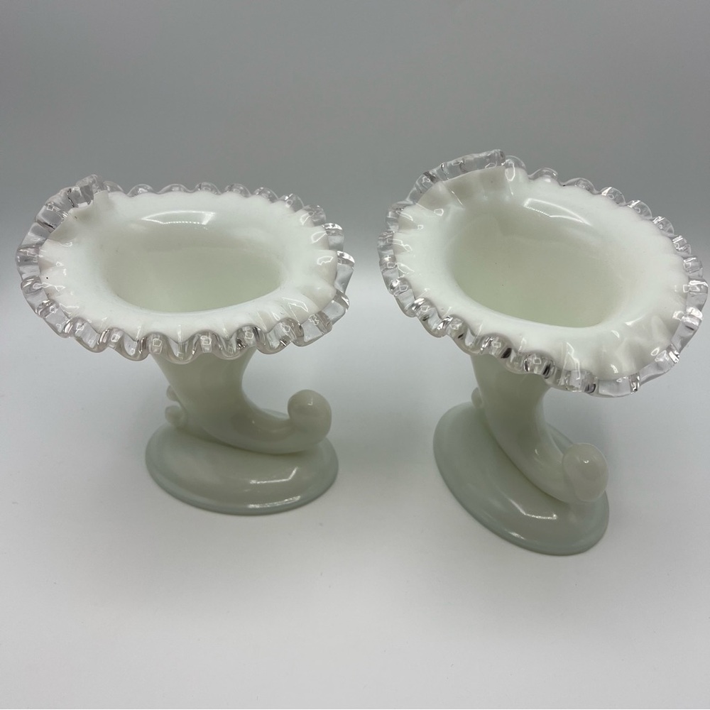 Early Fenton Silver Crest Cornucopia Milk Glass Candle Holders Glow UV 365